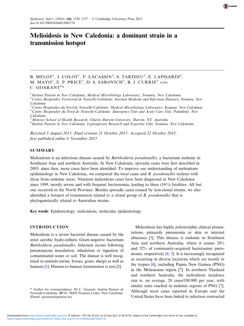 Melioidosis in New Caledonia: a Dominant Strain in a Transmission Hotspot