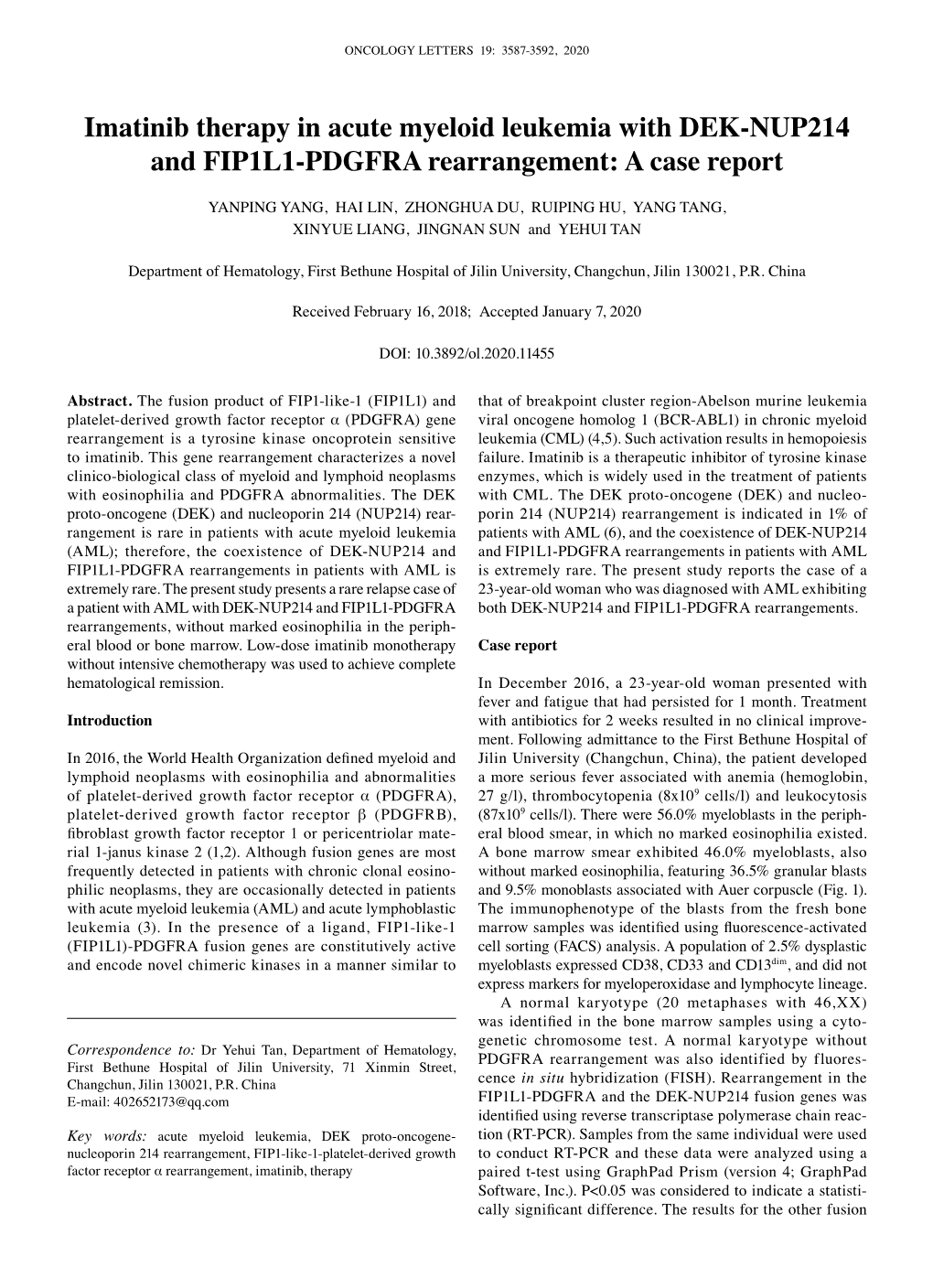 Imatinib Therapy in Acute Myeloid Leukemia with DEK‑NUP214 and FIP1L1‑PDGFRA Rearrangement: a Case Report