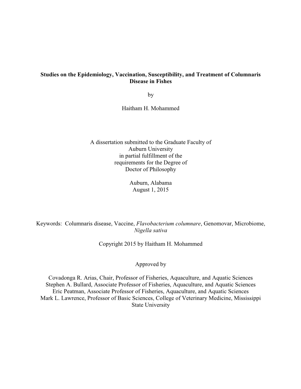 Studies on the Epidemiology, Vaccination, Susceptibility, and Treatment of Columnaris Disease in Fishes by Haitham H. Mohammed A