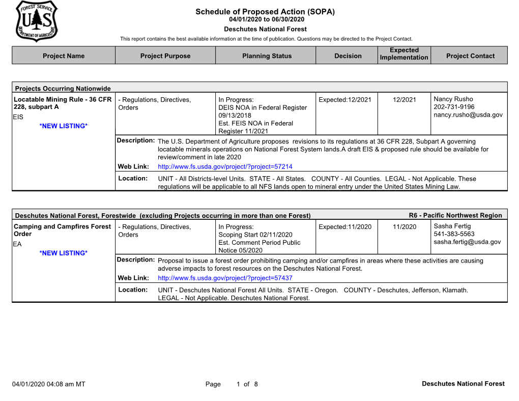 Schedule of Proposed Action (SOPA) 04/01/2020 to 06/30/2020 Deschutes National Forest This Report Contains the Best Available Information at the Time of Publication