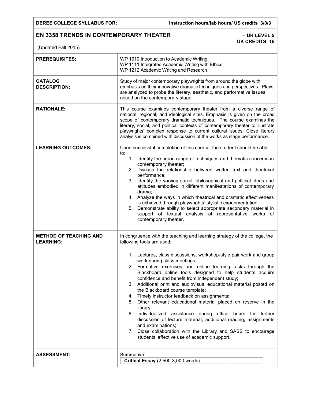 EN 3358 TRENDS in CONTEMPORARY THEATER – UK LEVEL 5 UK CREDITS: 15 (Updated Fall 2015)