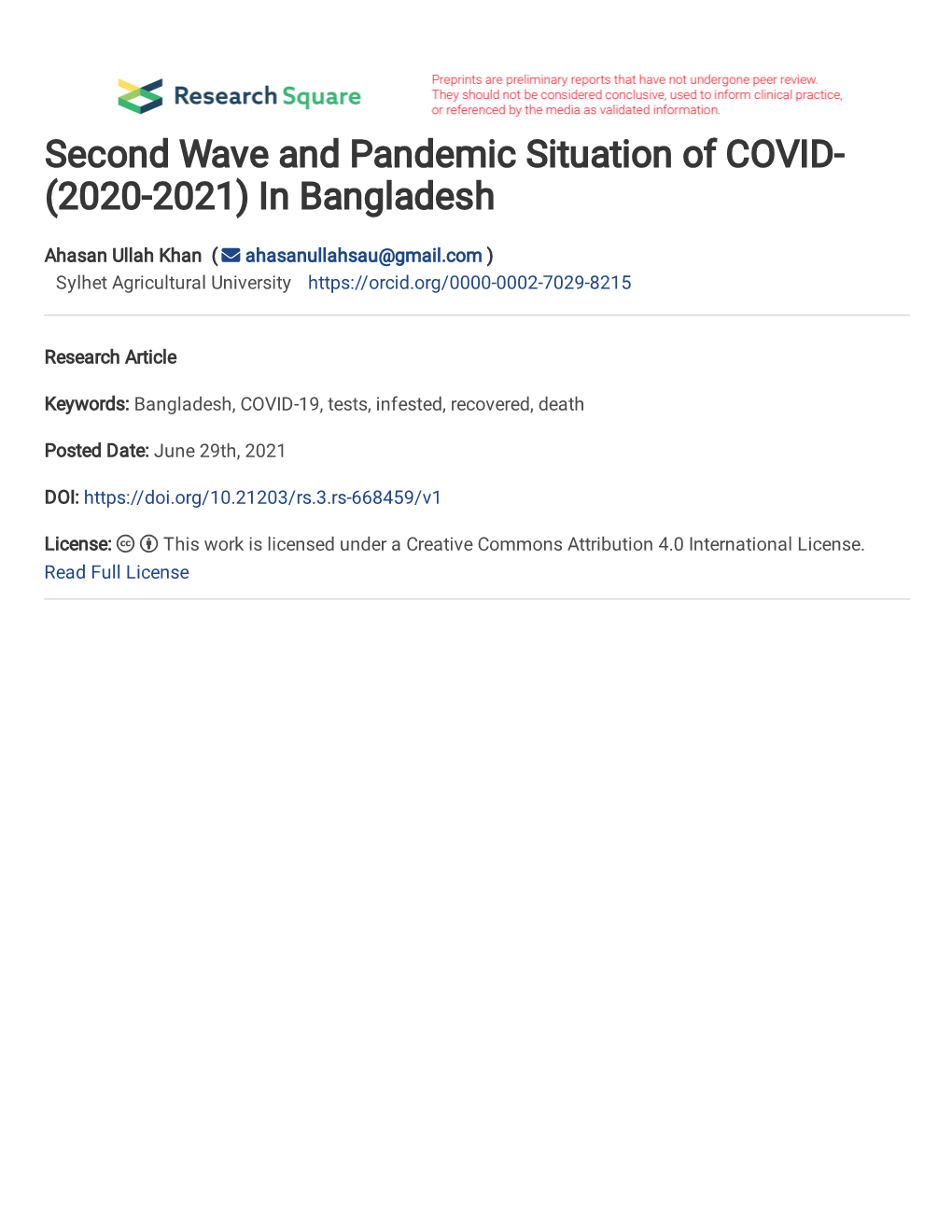 Second Wave and Pandemic Situation of COVID- (2020-2021) in Bangladesh