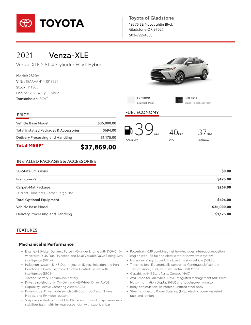 2021 Venza-XLE Venza-XLE 2.5L 4-Cylinder ECVT Hybrid