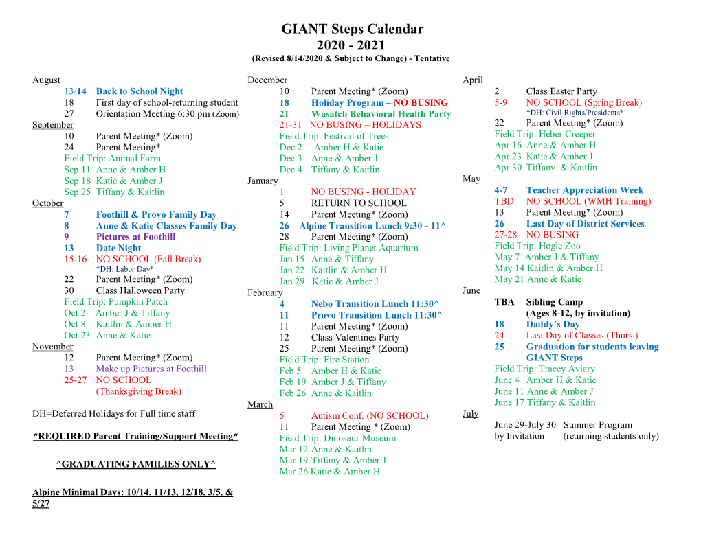 GIANT Steps Calendar 2020 - 2021 (Revised 8/14/2020 & Subject to Change) - Tentative