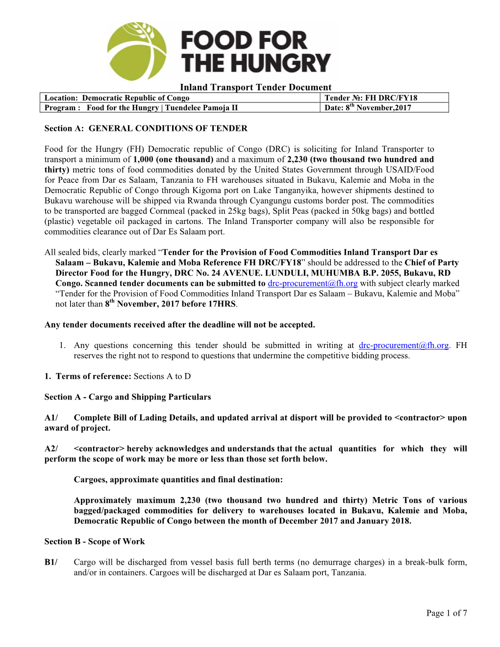 Inland Transport Tender Document