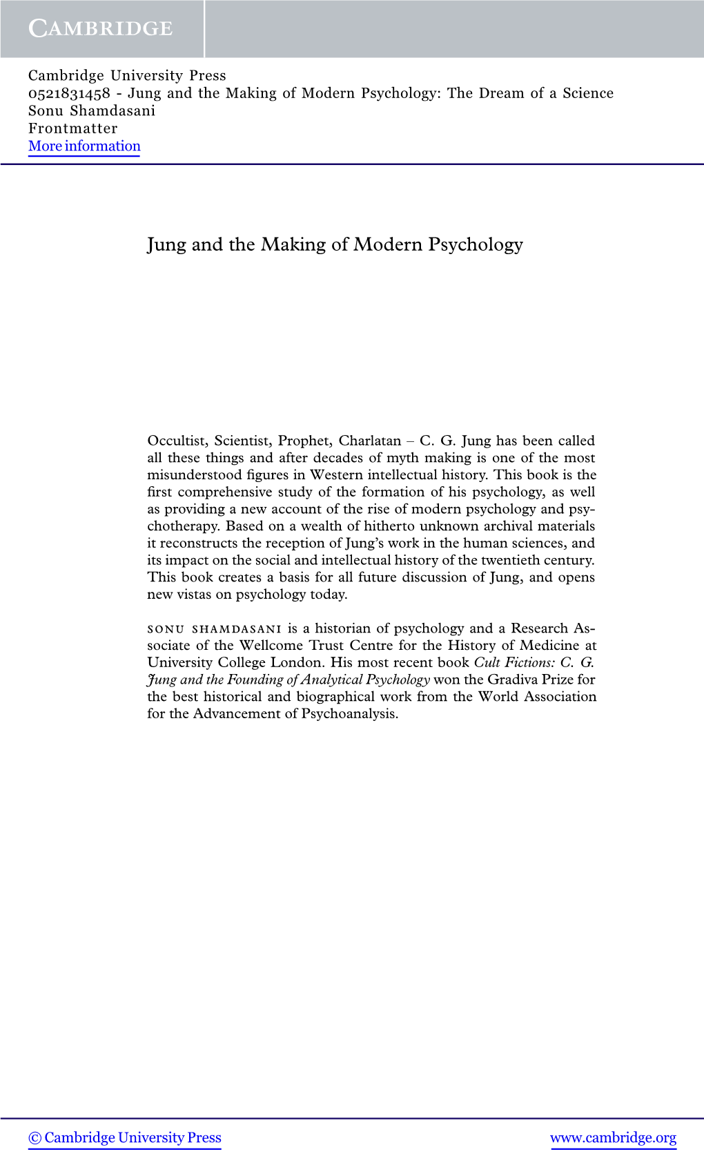 Jung and the Making of Modern Psychology: the Dream of a Science Sonu Shamdasani Frontmatter More Information