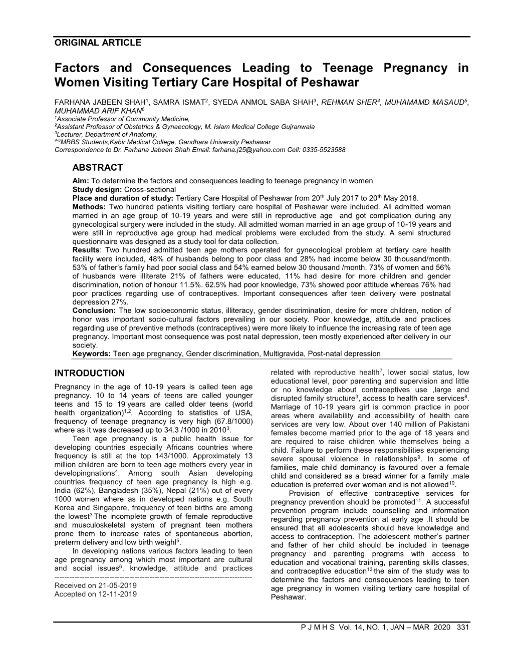 Factors and Consequences Leading to Teenage Pregnancy in Women Visiting Tertiary Care Hospital of Peshawar