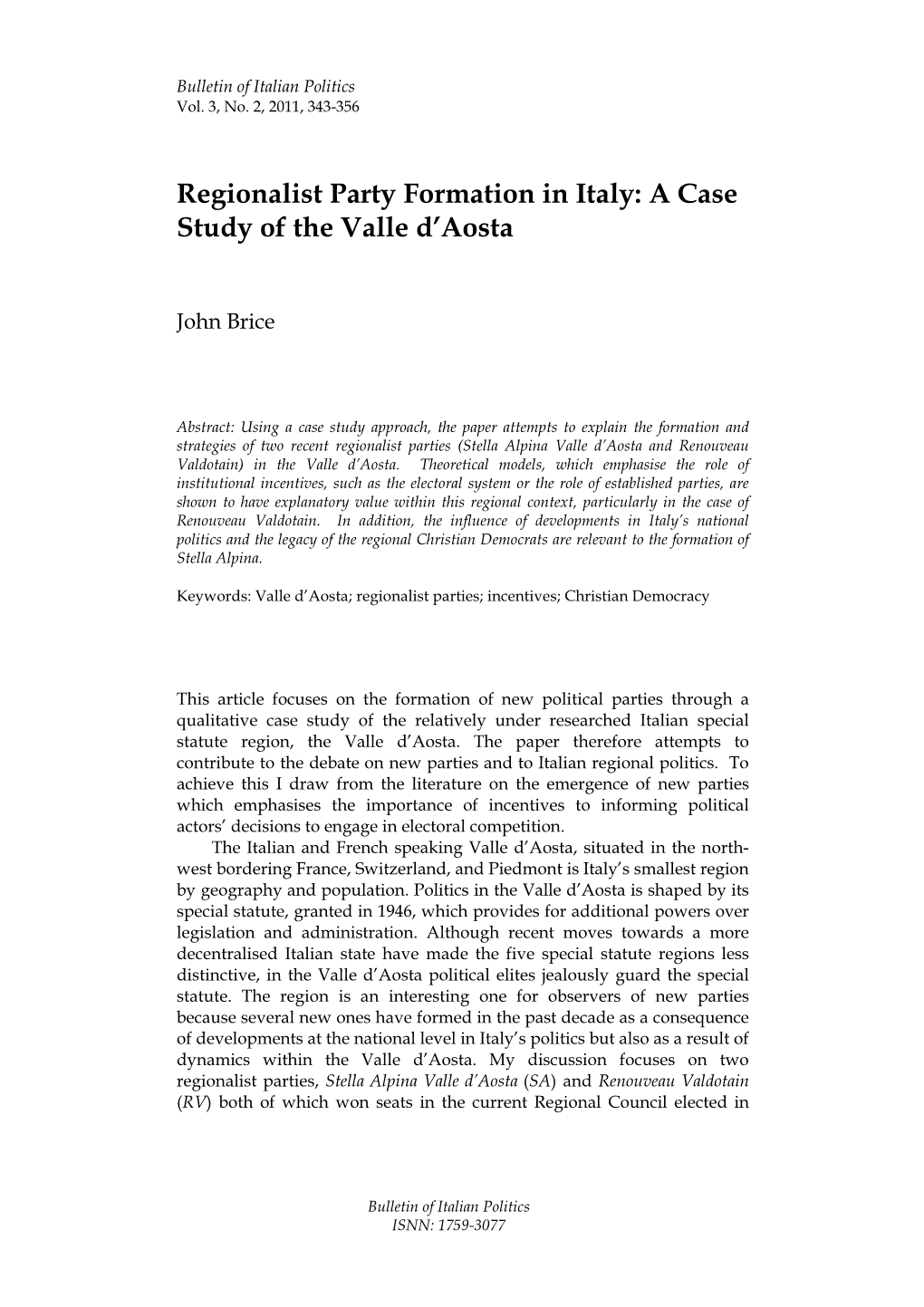 Regionalist Party Formation in Italy: a Case Study of the Valle D'aosta