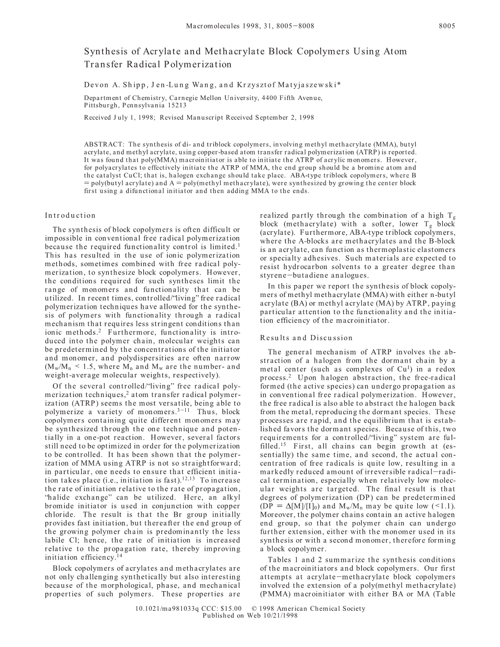 Synthesis of Acrylate and Methacrylate Block Copolymers Using Atom Transfer Radical Polymerization