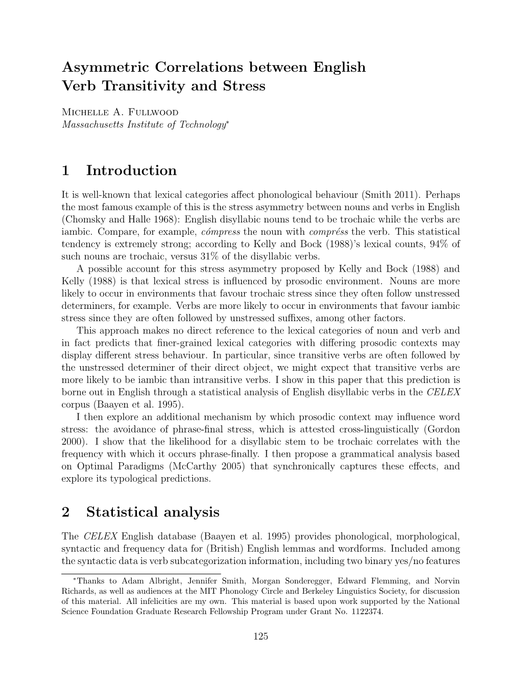 Asymmetric Correlations Between English Verb Transitivity and Stress 1 Introduction 2 Statistical Analysis