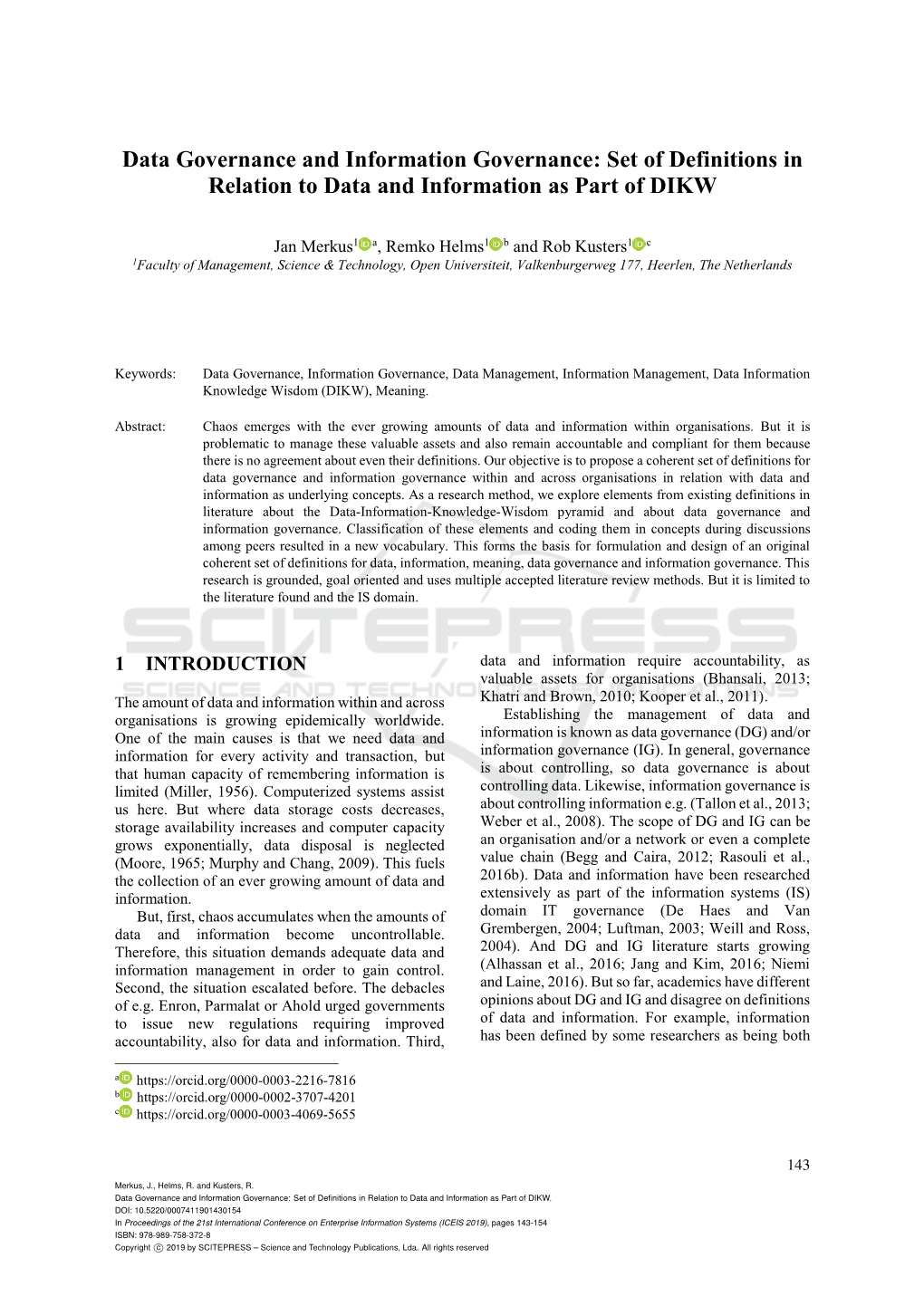 Set of Definitions in Relation to Data and Information As Part of DIKW