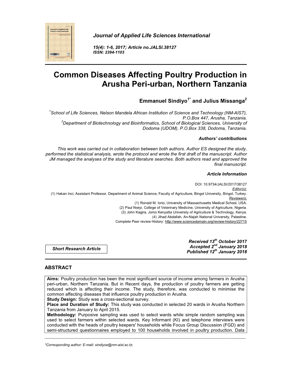 Common Diseases Affecting Poultry Production in Arusha Peri-Urban, Northern Tanzania