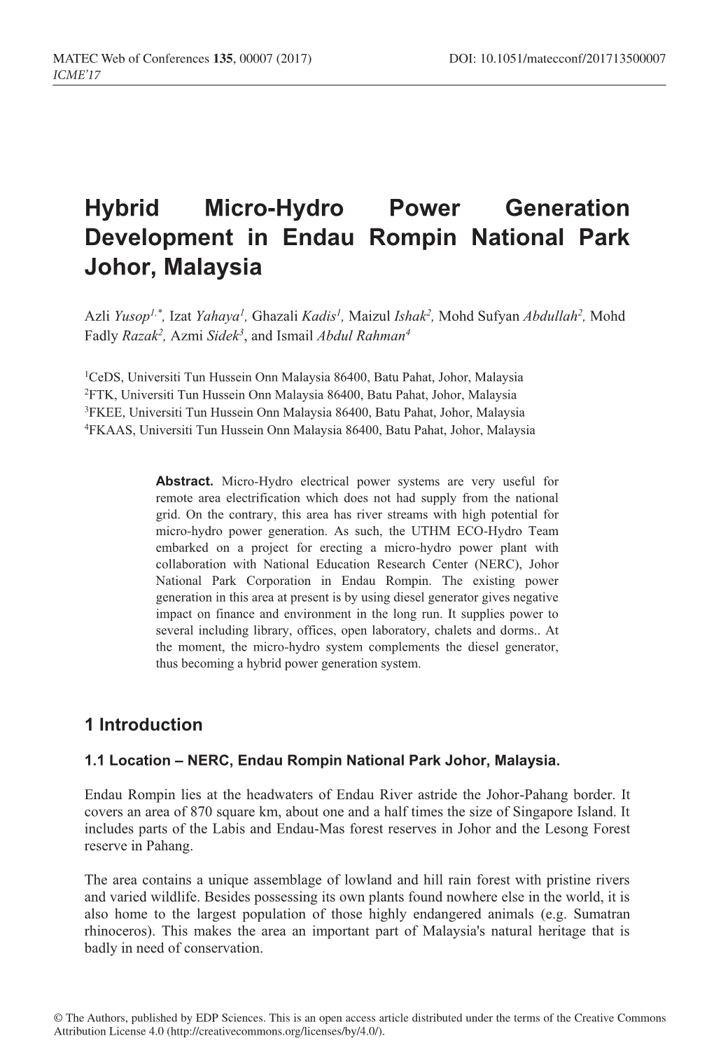 Hybrid Micro-Hydro Power Generation Development in Endau Rompin National Park Johor, Malaysia