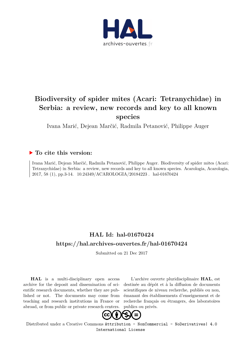 Acari: Tetranychidae) in Serbia: a Review, New Records and Key to All Known Species Ivana Marić, Dejean Marčić, Radmila Petanović, Philippe Auger