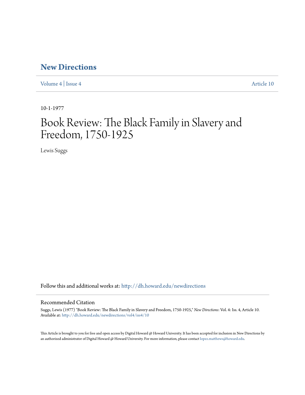 The Black Family in Slavery and Freedom, 1750-1925 TH[ ART~