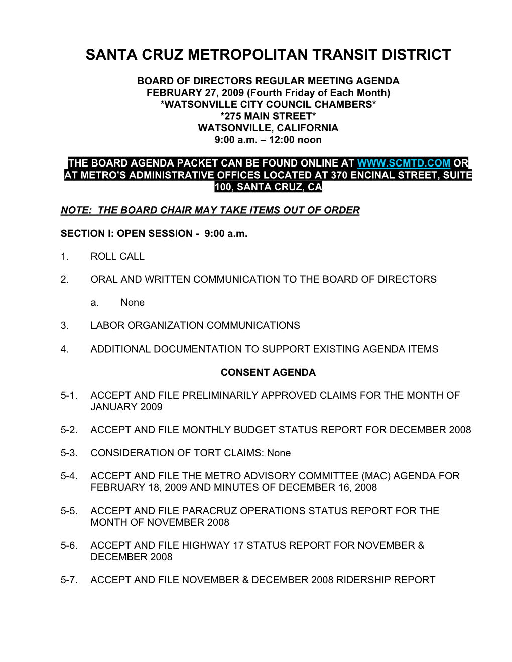 SCMTD Board of Directors Agenda of February 13, 2009