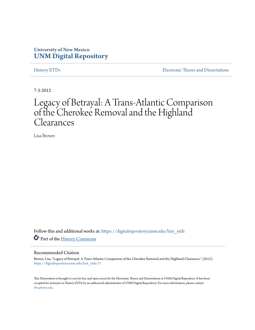 A Trans-Atlantic Comparison of the Cherokee Removal and the Highland Clearances Lisa Brown