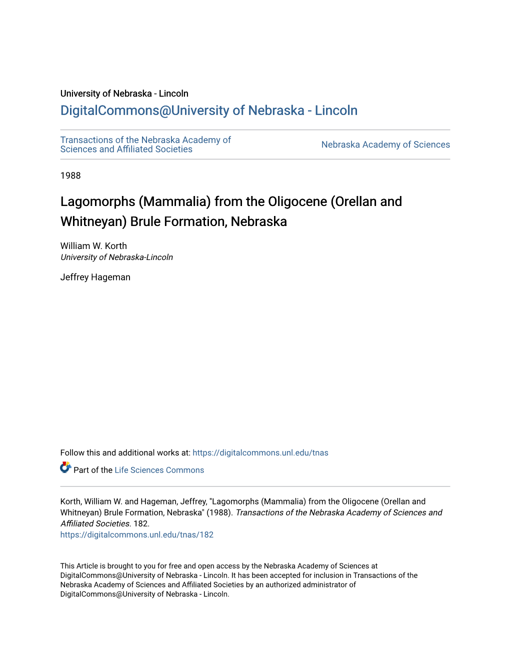 Lagomorphs (Mammalia) from the Oligocene (Orellan and Whitneyan) Brule Formation, Nebraska