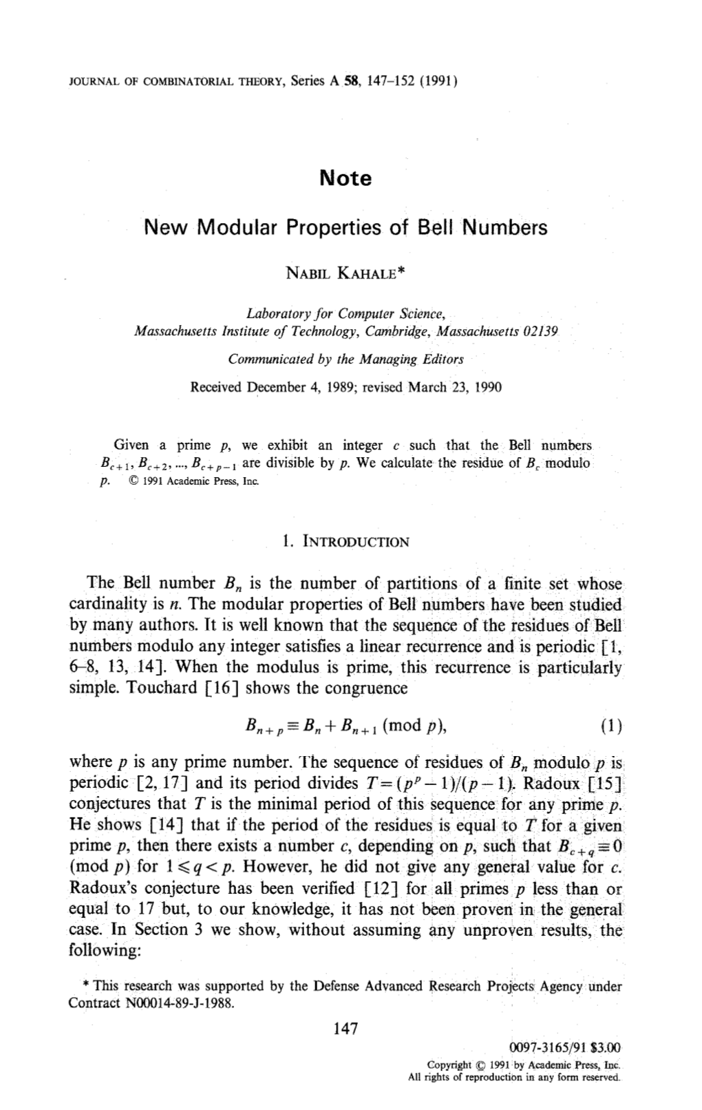 Note New Modular Properties of Bell Numbers