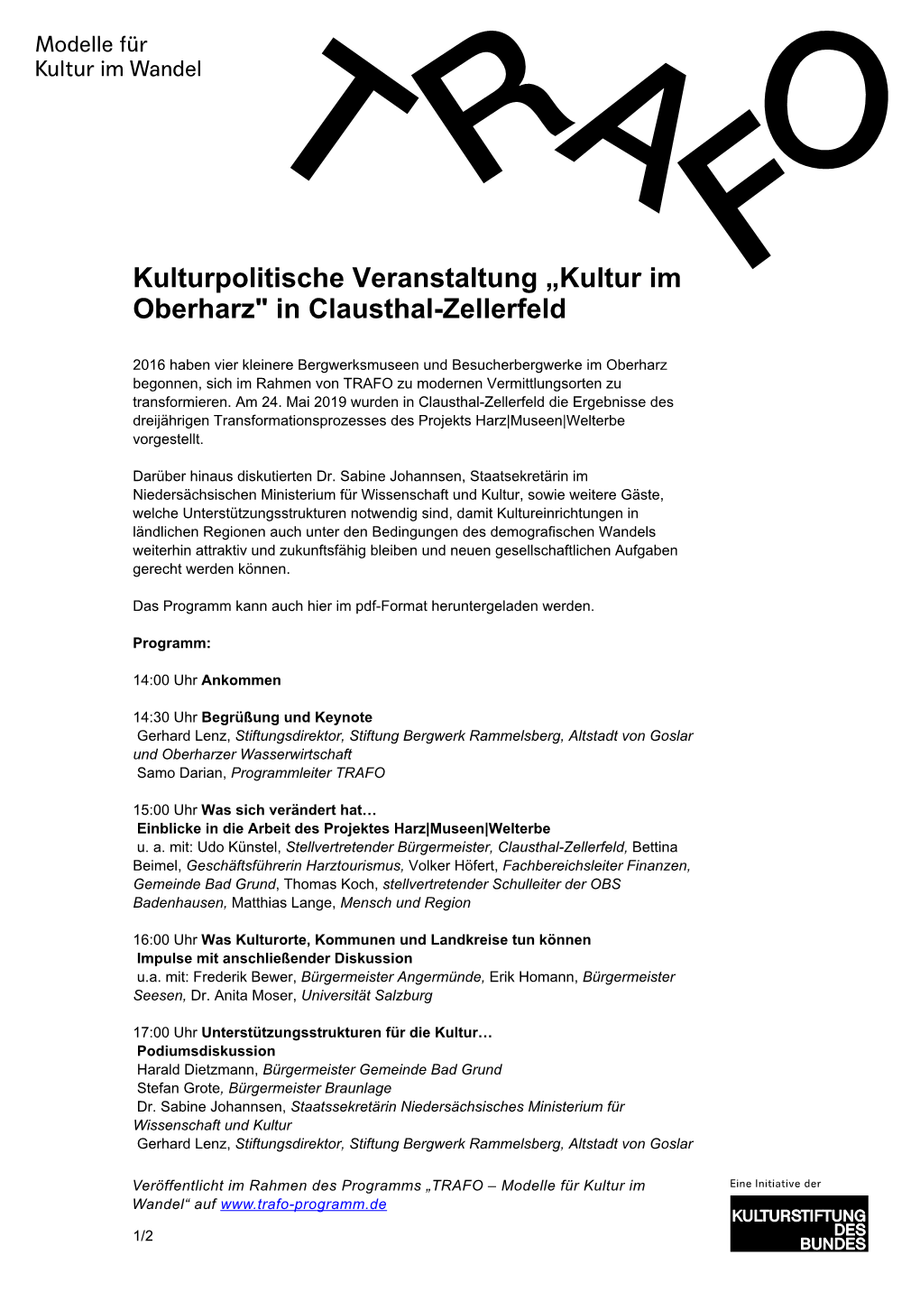 Kulturpolitische Veranstaltung Â Kultur Im Oberharz" in Clausthal-Zellerfeld