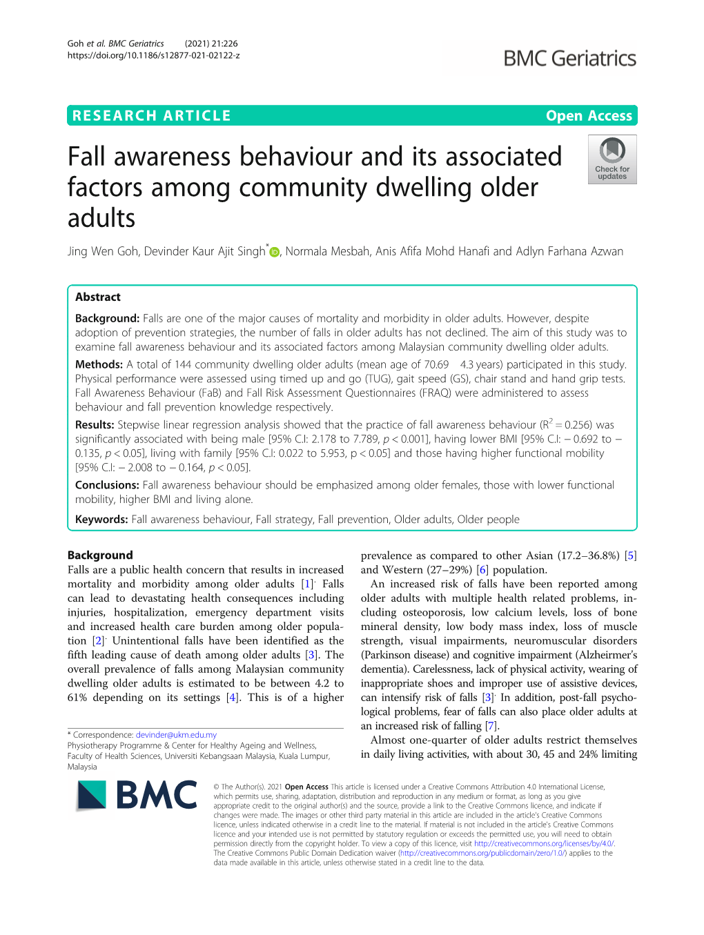 Fall Awareness Behaviour and Its Associated Factors Among