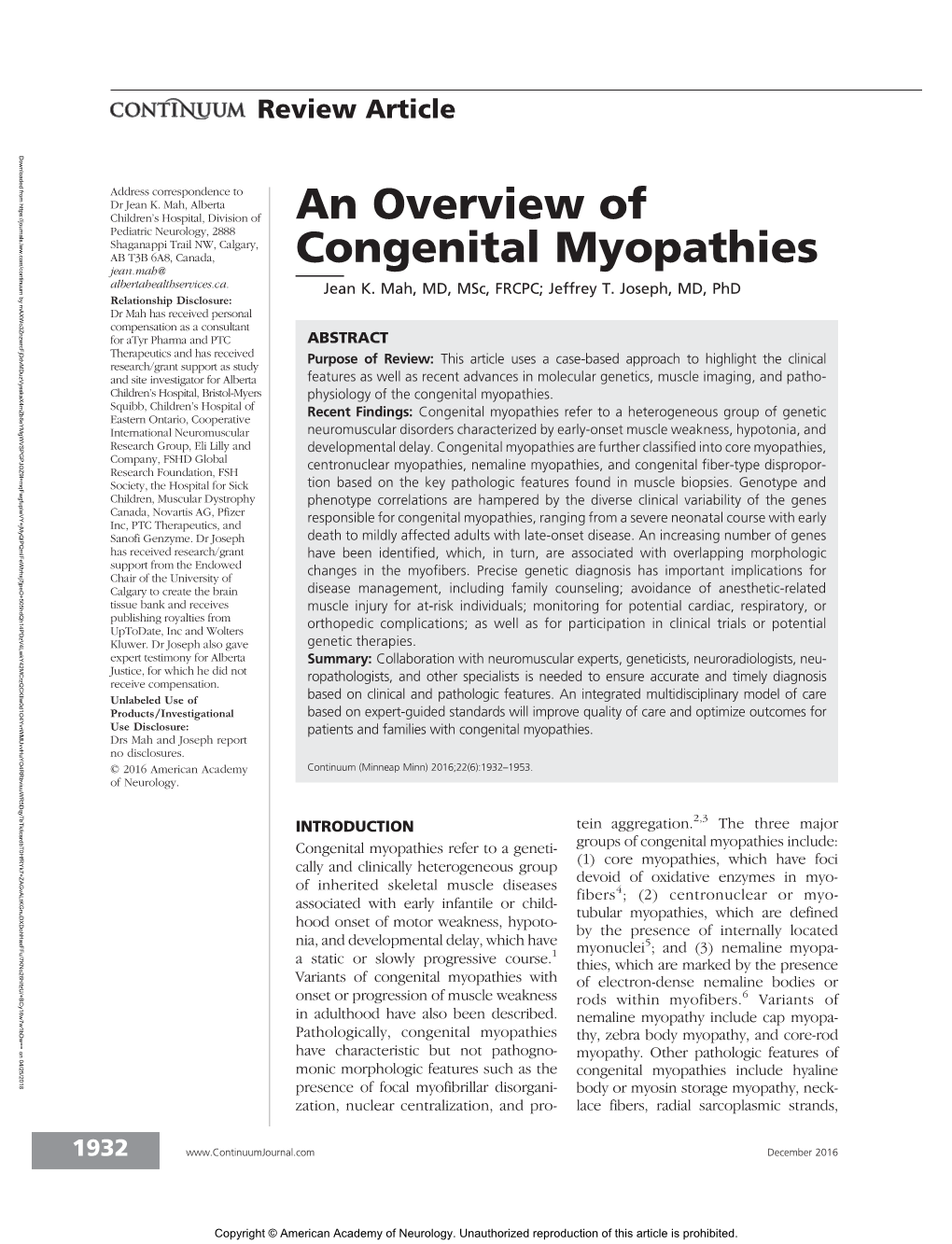 An Overview of Congenital Myopathies Review Article Copyright © American Academy of Neurology