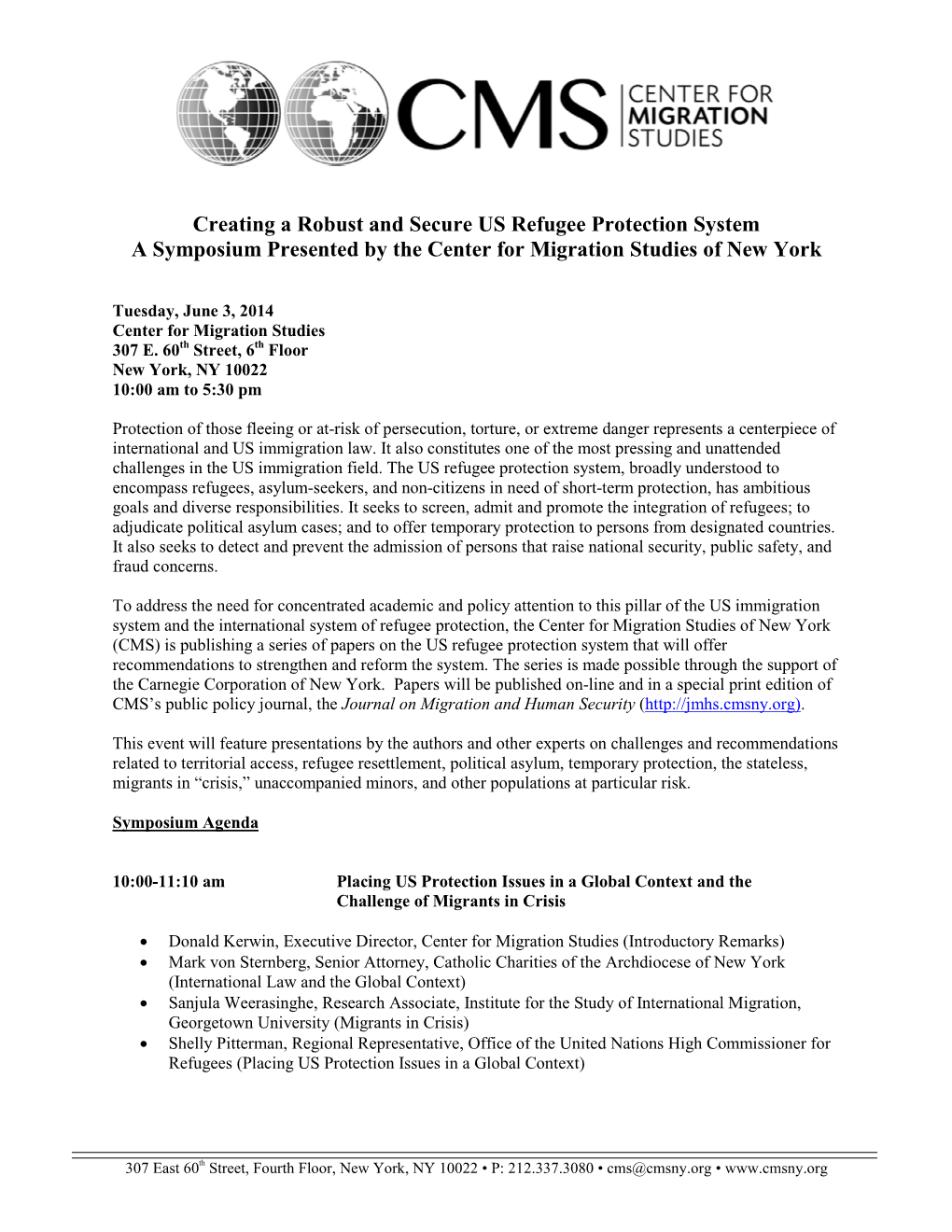 Creating a Robust and Secure US Refugee Protection System a Symposium Presented by the Center for Migration Studies of New York