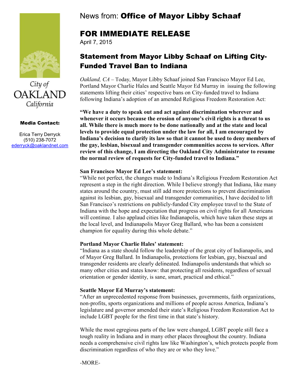 Office of Mayor Libby Schaaf for IMMEDIATE