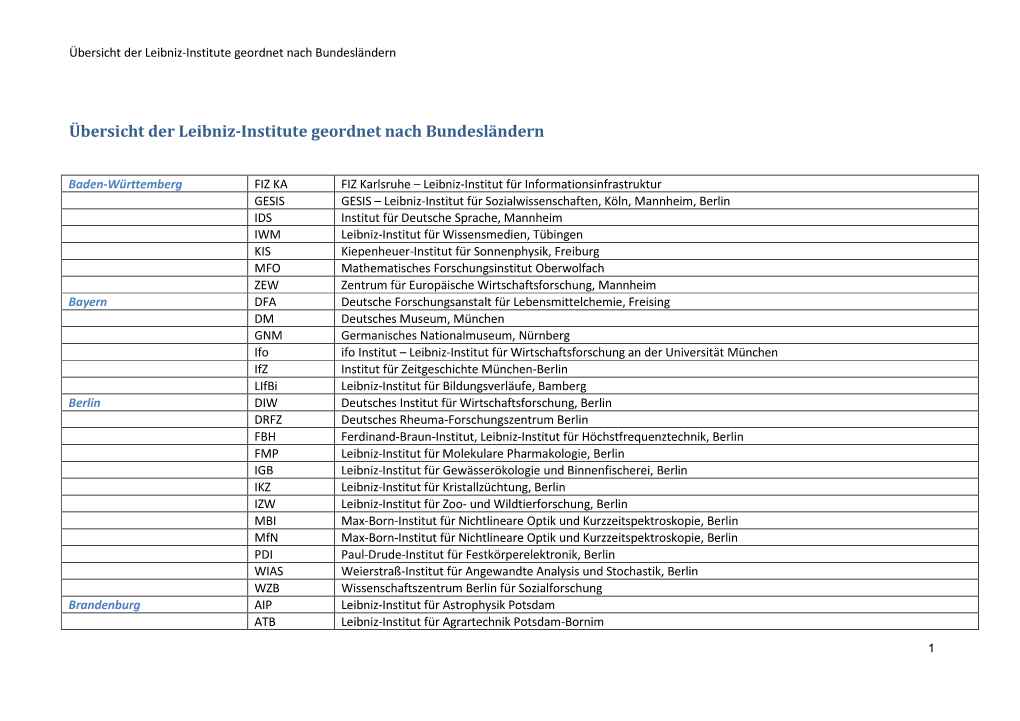 Übersicht Der Leibniz-Institute Geordnet Nach Bundesländern