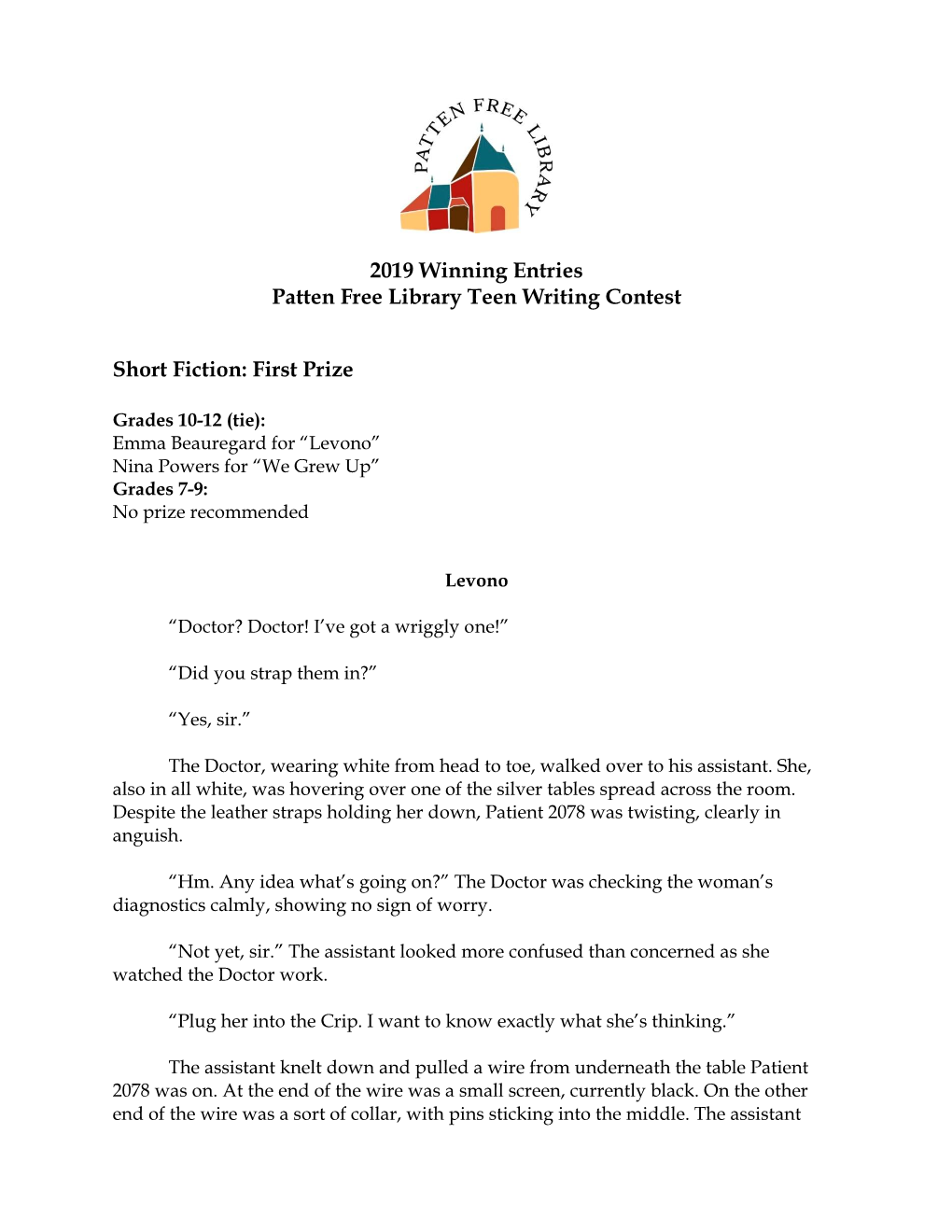 2019 Winning Entries Patten Free Library Teen Writing Contest Short