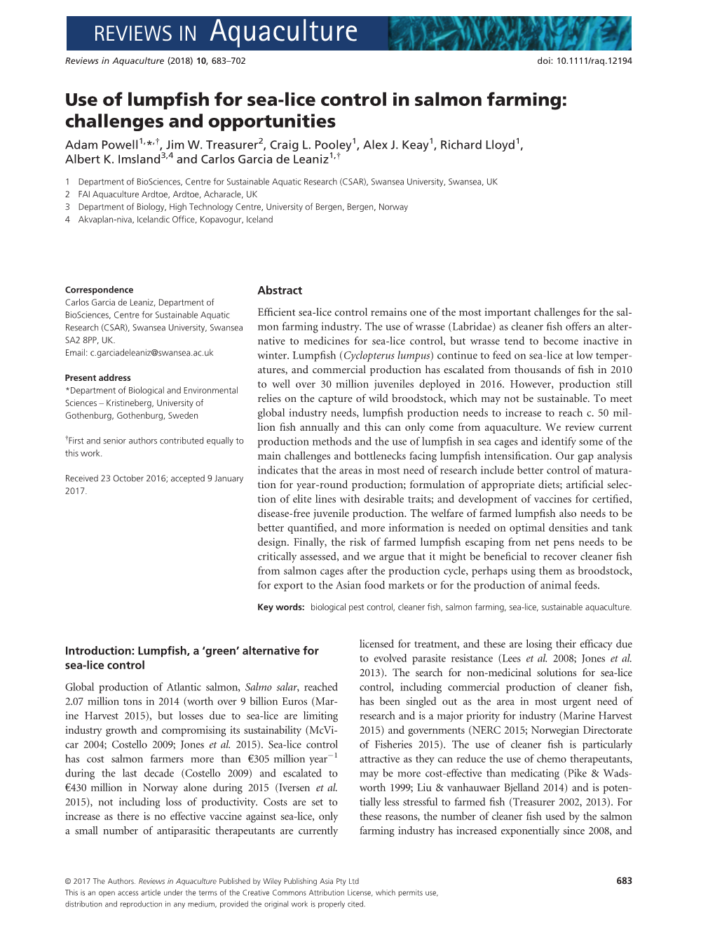 Use of Lumpfish for Sea‐Lice Control in Salmon Farming