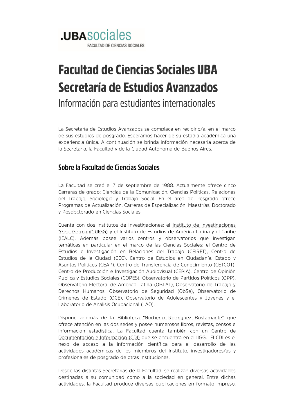 Facultad De Ciencias Sociales UBA Secretaría De Estudios Avanzados