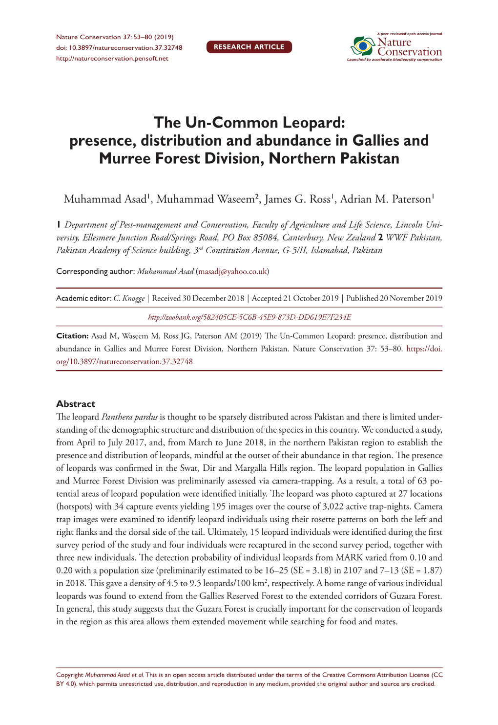 Presence, Distribution and Abundance in Gallies and Murree Forest Division, Northern Pakistan