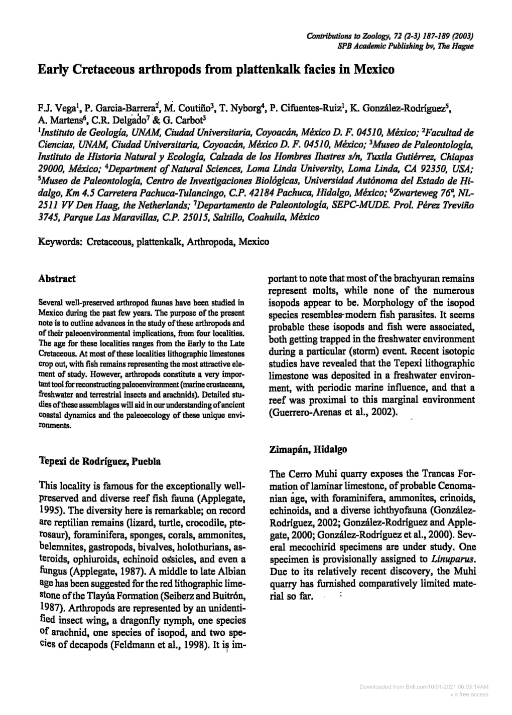 Early Cretaceous Arthropods from Plattenkalk Facies in Mexico