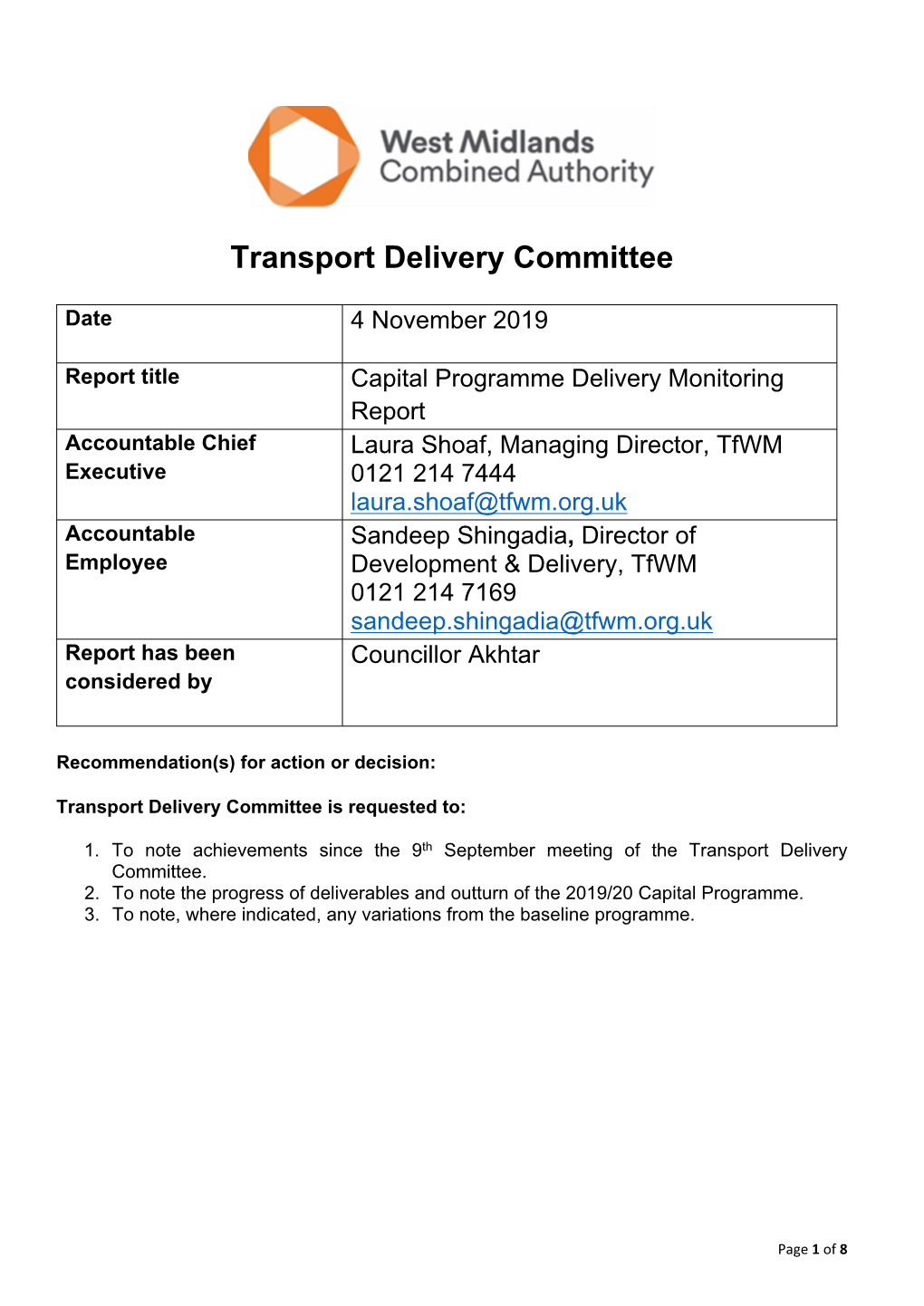 Capital Programme Delivery Monitoring