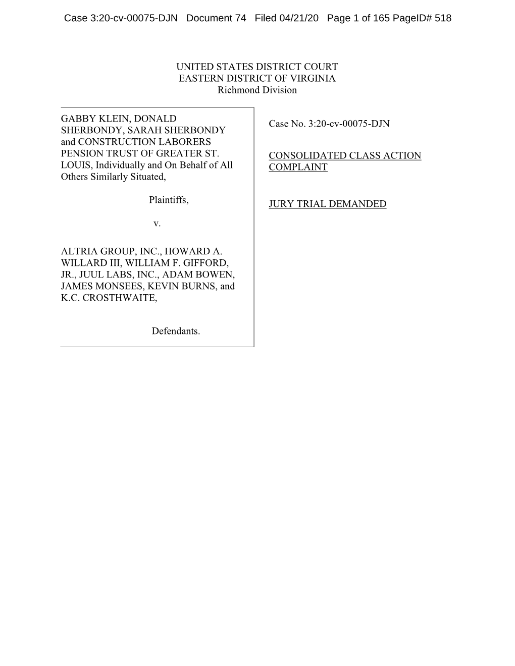 Gabby Klein, Et Al. V. Altria Group, Inc., Et Al. 20-CV-00075