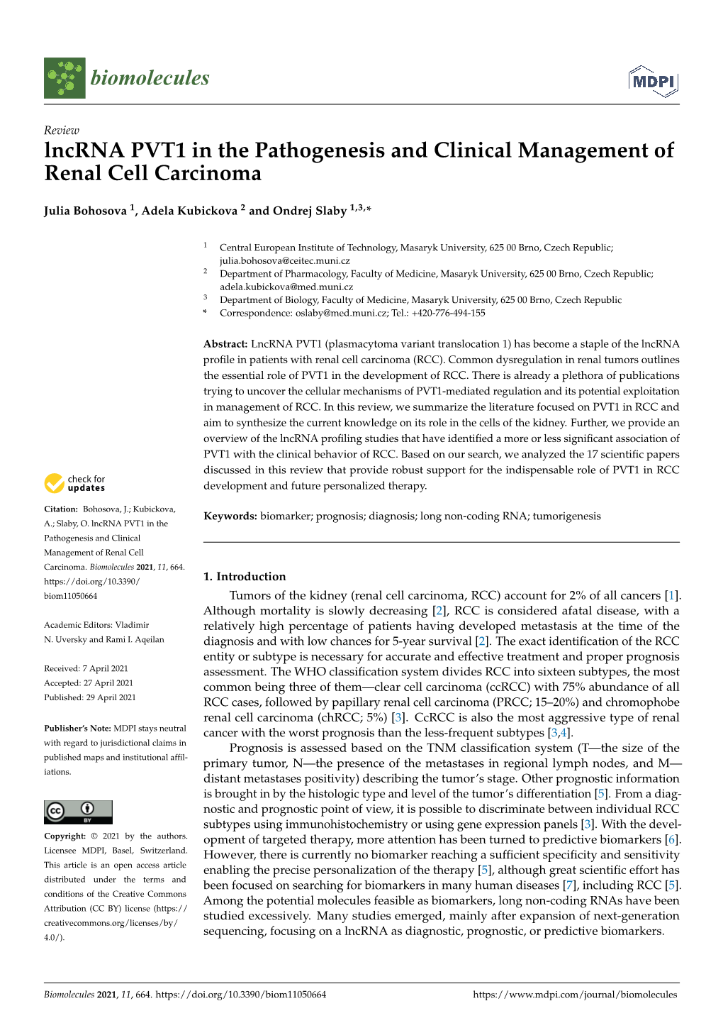 Lncrna PVT1 in the Pathogenesis and Clinical Management of Renal Cell Carcinoma