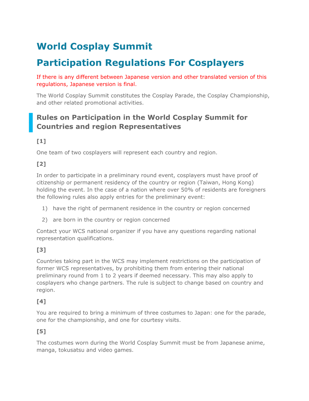 World Cosplay Summit Participation Regulations for Cosplayers