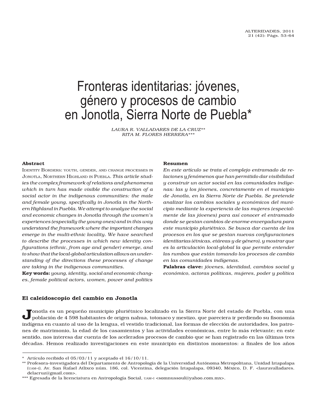 Jóvenes, Género Y Procesos De Cambio En Jonotla, Sierra Norte De Puebla*