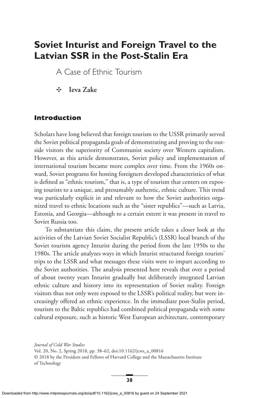 Soviet Inturist and Foreign Travel to the Latvian SSR in the Post-Stalin Era a Case of Ethnic Tourism