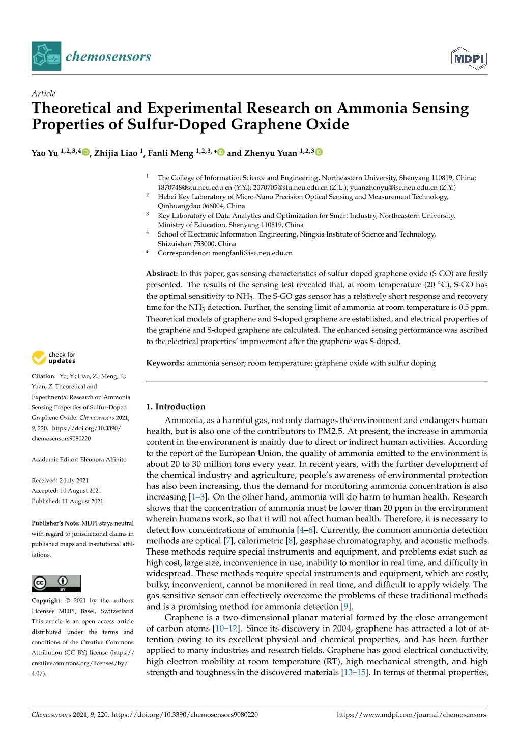 Theoretical and Experimental Research on Ammonia Sensing Properties of Sulfur-Doped Graphene Oxide