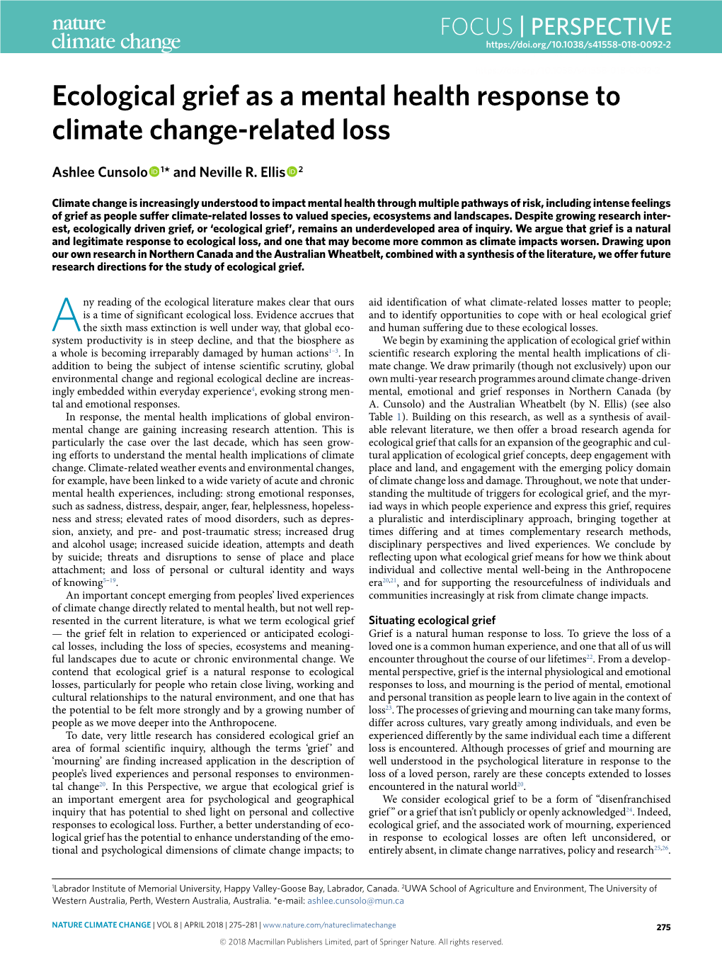 Ecological Grief As a Mental Health Response to Climate Change-Related Loss