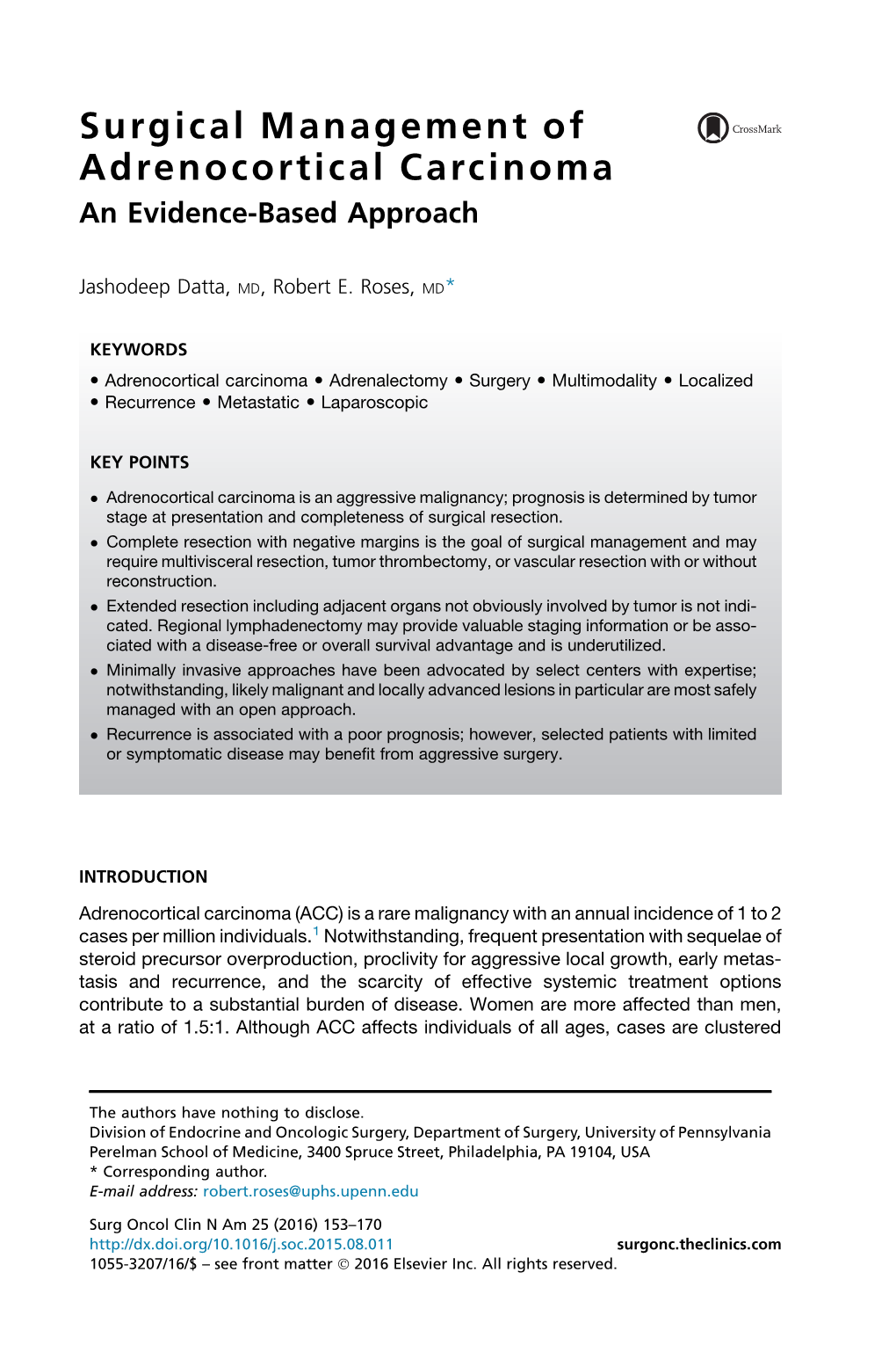 Surgical Management of Adrenocortical Carcinoma an Evidence-Based Approach