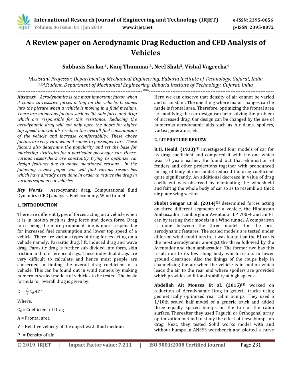 A Review Paper on Aerodynamic Drag Reduction and CFD Analysis of Vehicles