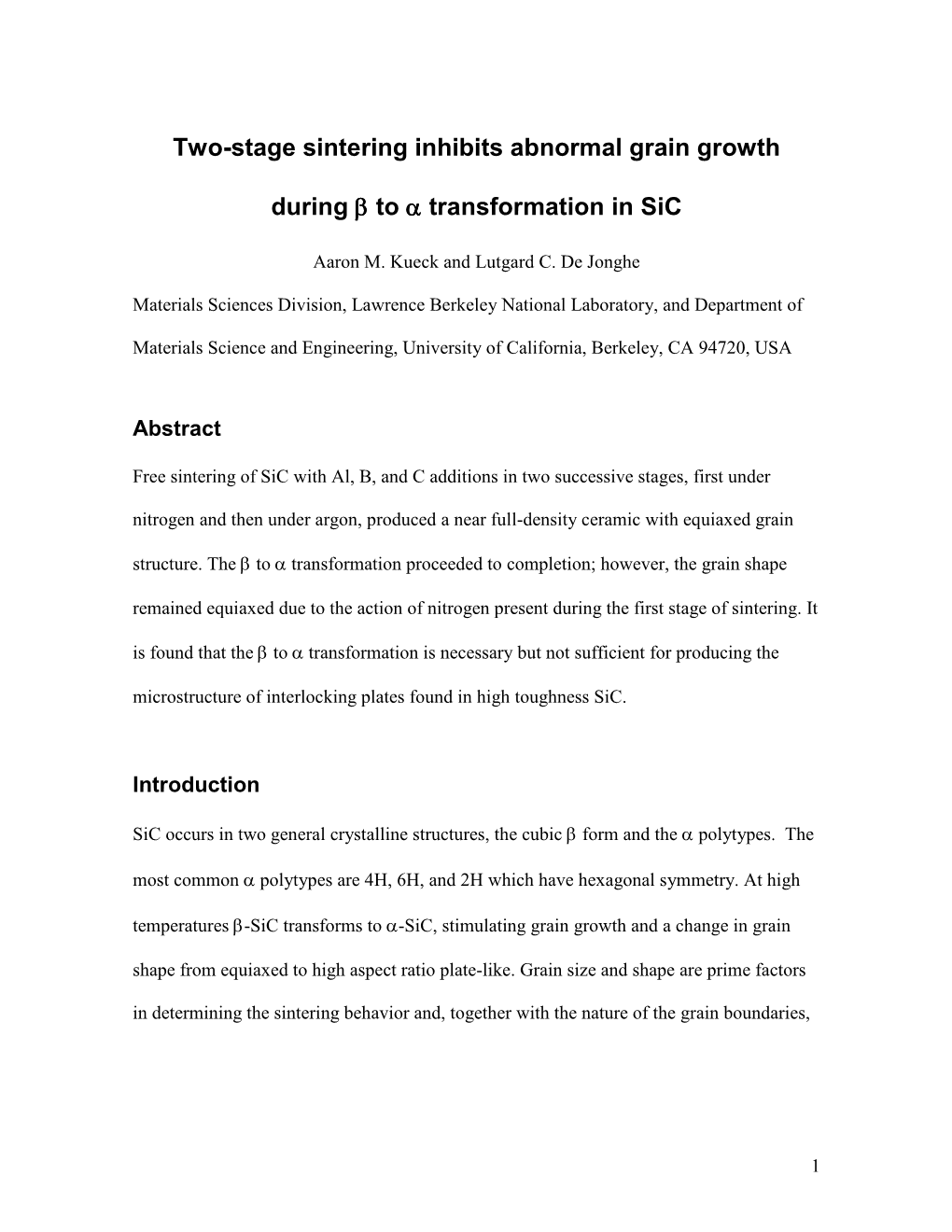 Two-Stage Sintering Inhibits Abnormal Grain Growth During Beta to Alpha