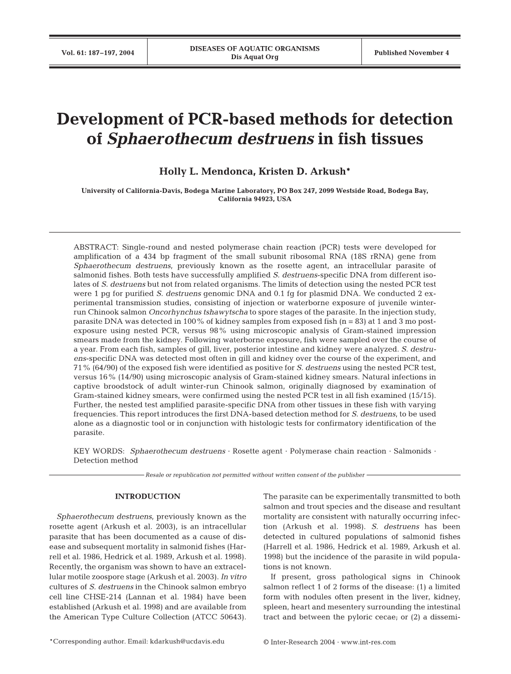 Development of PCR-Based Methods for Detection of Sphaerothecum Destruens in Fish Tissues