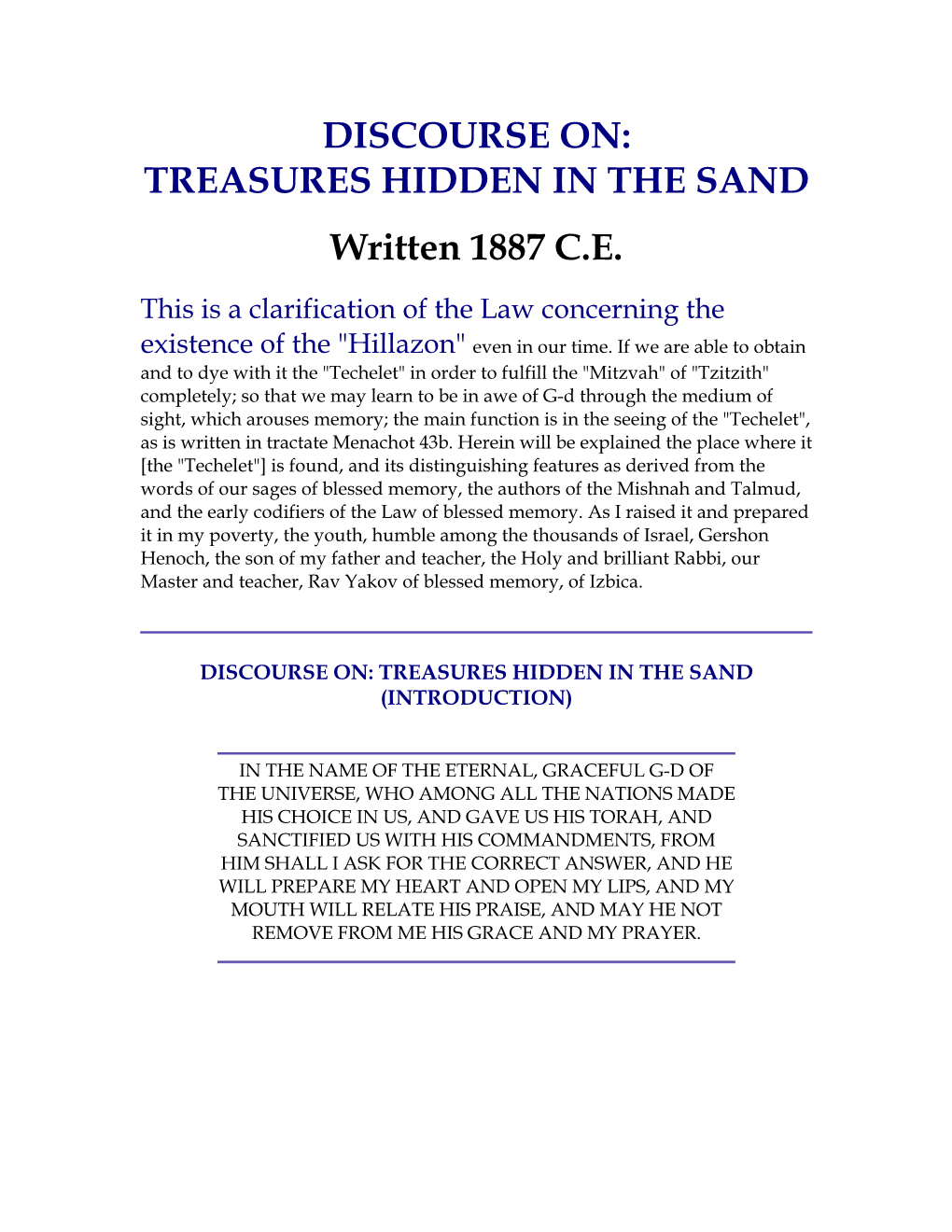 DISCOURSE ON: TREASURES HIDDEN in the SAND Written 1887 C.E