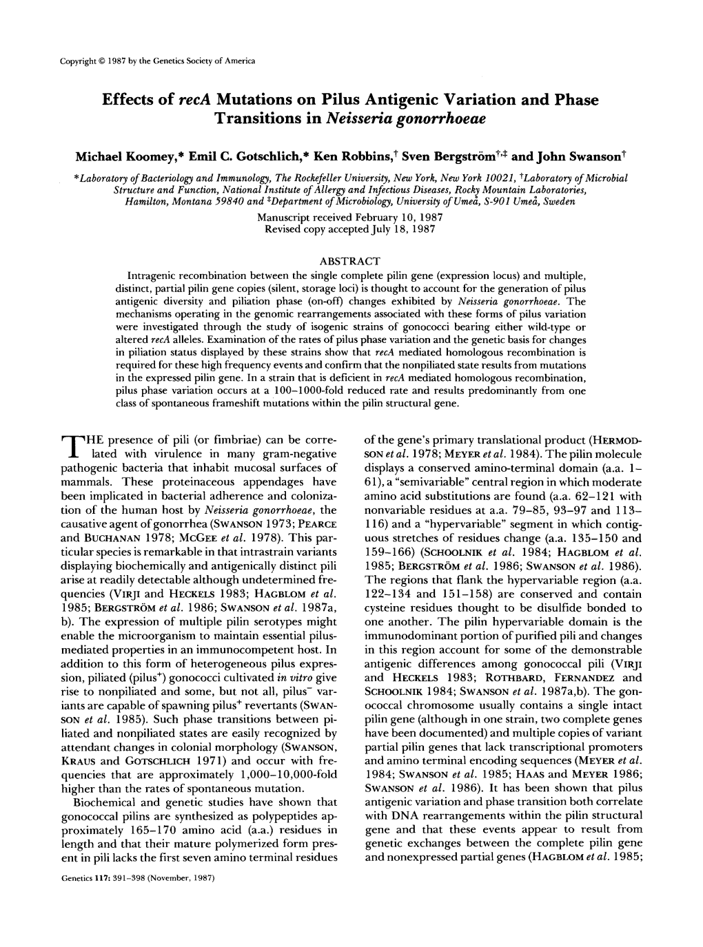 Effects of Reca Mutations on Pilus Antigenic Variation and Phase Transitions in Neisseria Gonorrhoeae