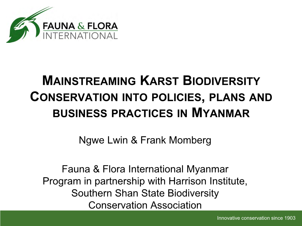 Mainstreaming Karst Biodiversity Conservation Into Policies, Plans and Business Practices in Myanmar