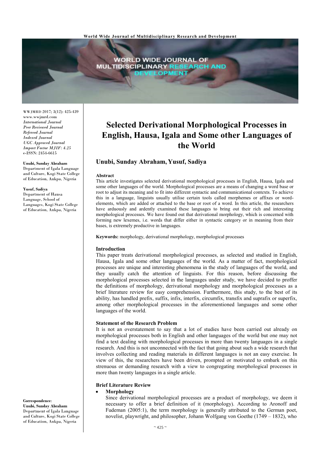 Selected Derivational Morphological Processes in English, Hausa, Igala And